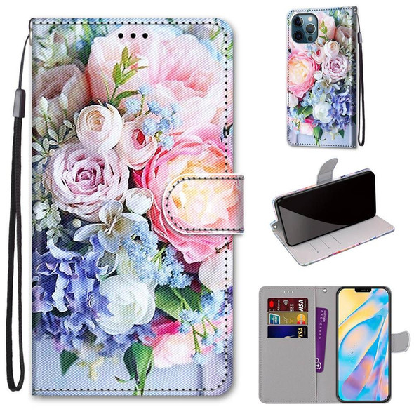 Coloured Drawing Cross Texture Horizontal Flip PU Leatherette Case with Holder & Card Slots & Wallet & Lanyard - iPhone 13 Pro(Light Pink Bouquet)