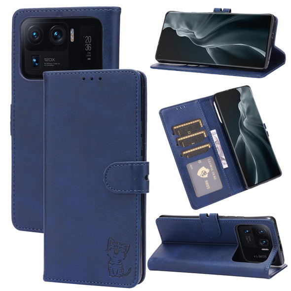 Xiaomi Mi 11 Ultra Embossed Happy Cat Pattern Horizontal Flip Leather Case with Holder & Card Slots & Wallet(Blue)