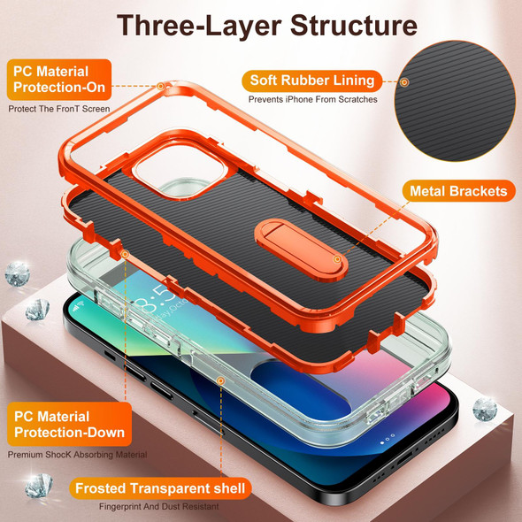 3 in 1 Rugged Holder Phone Case - iPhone 13(Transparent + Orange)