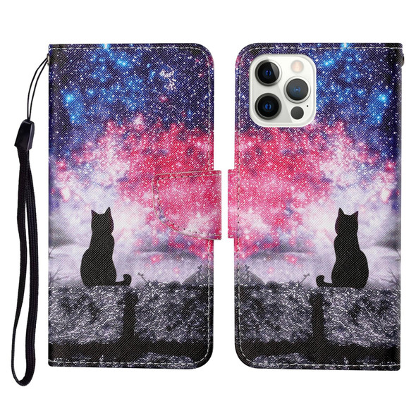 Colored Drawing Pattern Horizontal Flip Leatherette Phone Case - iPhone 13 Pro(Starry Cat)