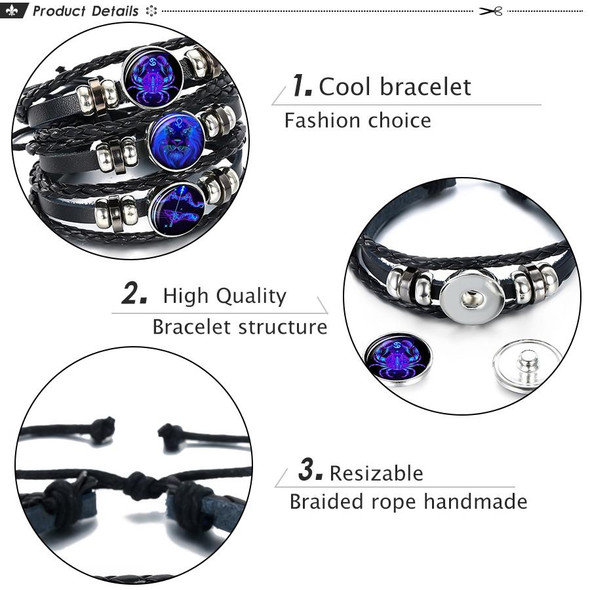 12 Constellation Black Braided Leatherette Glass Dome Punk Men Bracelet(Virgo)