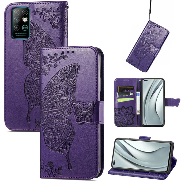 Butterfly Love Flowers Embossed Horizontal Flip Leatherette Case with Holder & Card Slots & Wallet & Lanyard - Infinix Note 8(Dark Purple)