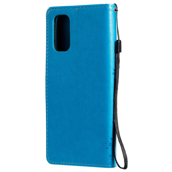 OPPO Realme 7 Pro Tree & Cat Pattern Pressed Printing Horizontal Flip PU Leather Case with Holder & Card Slots & Wallet & Lanyard(Blue)