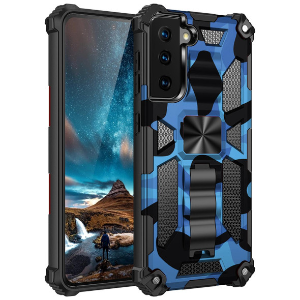 Samsung Galaxy S21 5G Camouflage Armor Shockproof TPU + PC Magnetic Protective Case with Holder(Dark Blue)