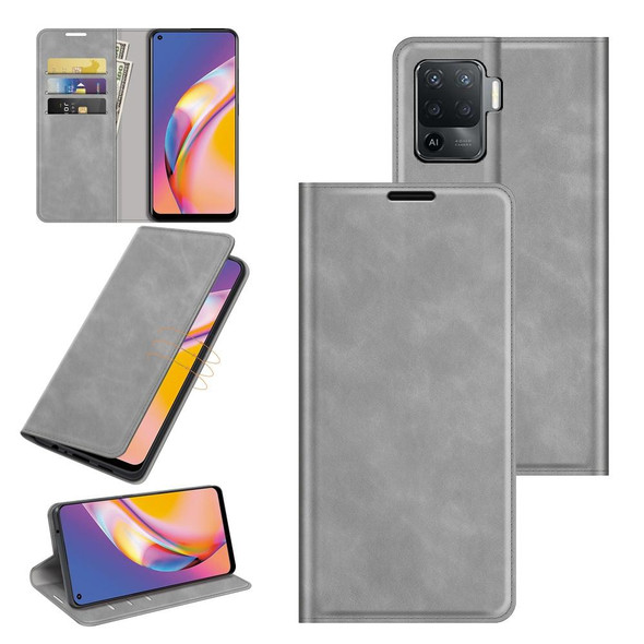 OPPO A94 4G / F19 Pro / Reno5 Lite Retro-skin Business Magnetic Suction Leather Case with Holder & Card Slots & Wallet(Grey)