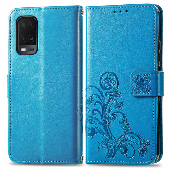 OPPO A54 4G Four-leaf Clasp Embossed Buckle Mobile Phone Protection Leather Case with Lanyard & Card Slot & Wallet & Bracket Function(Blue)