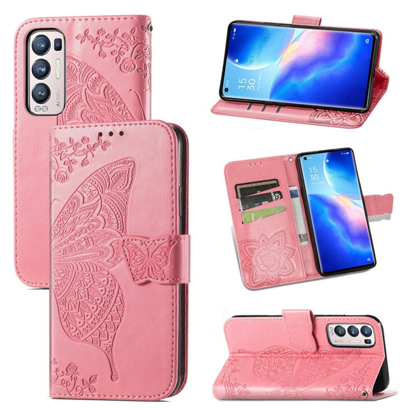 OPPO Reno5 Pro+ Butterfly Love Flowers Embossed Horizontal Flip Leather Case with Holder & Card Slots & Wallet & Lanyard(Pink)