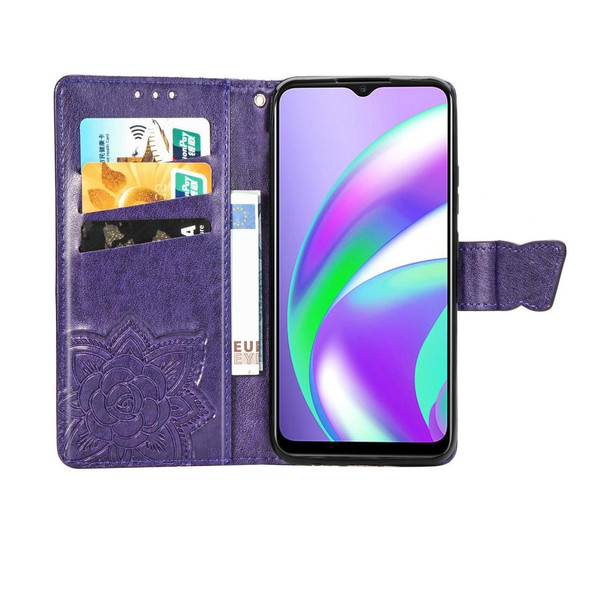 OPPO Realme C12 Butterfly Love Flower Embossed Horizontal Flip Leather Case with Holder & Card Slots & Wallet & Lanyard(Dark Purple)