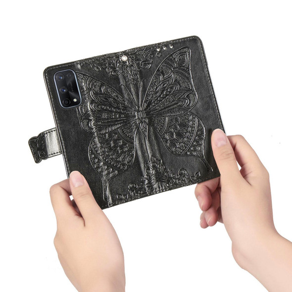 OPPO Realme X7 Butterfly Love Flower Embossed Horizontal Flip Leather Case with Bracket / Card Slot / Wallet / Lanyard(Black)