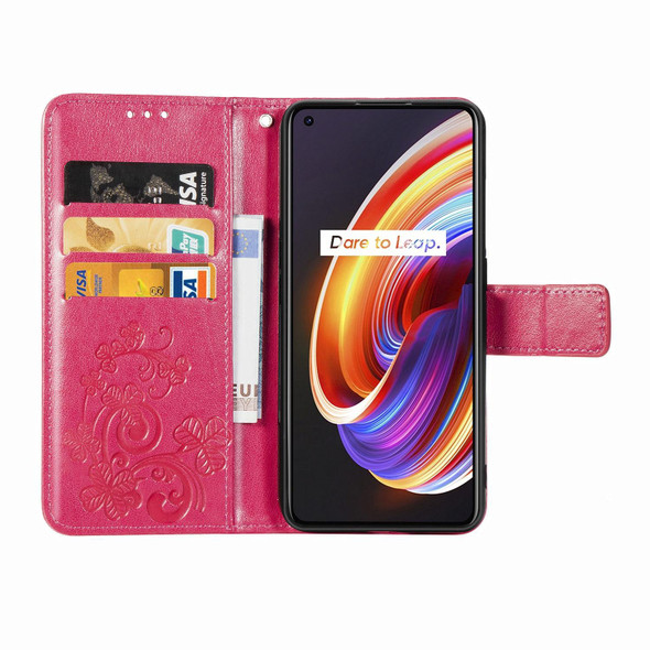OPPO Realme X7 Four-leaf Clasp Embossed Buckle Mobile Phone Protection Leather Case with Lanyard & Card Slot & Wallet & Bracket Function(Magenta)