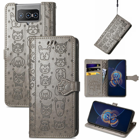 Asus Zenfone 8 Flip Lovely Cat and Dog Embossing Pattern Horizontal Flip Leatherette Case , with Holder & Card Slots & Wallet & Cartoon Clasp & Lanyard(Grey)