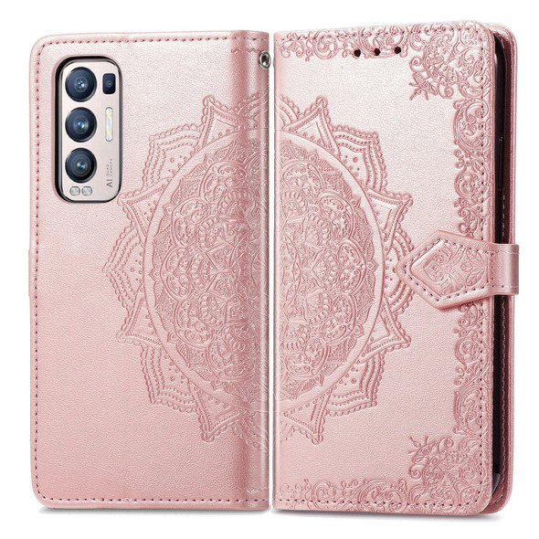 Halfway Mandala Embossing Pattern Horizontal Flip Leather Case with Holder & Card Slots & Wallet & Lanyard - OPPO Reno5 Pro+(Rose Gold)