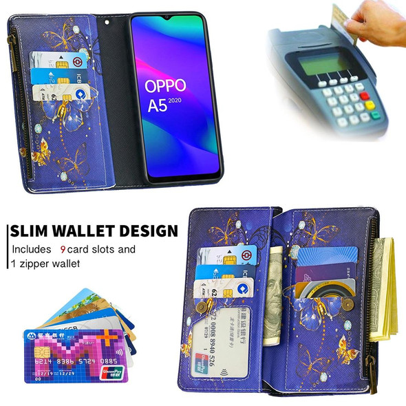 OPPO A5 (2020) Colored Drawing Pattern Zipper Horizontal Flip Leather Case with Holder & Card Slots & Wallet(Purple Butterfly)
