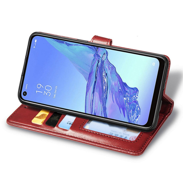 Oppo A53 2020 Retro Solid Color Leather Buckle Phone Case with Lanyard & Photo Frame & Card Slot & Wallet & Stand Function(Red)