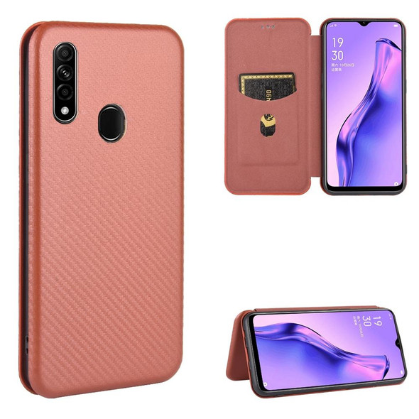 OPPO A8 / A31 (2020) Carbon Fiber Texture Magnetic Horizontal Flip TPU + PC + PU Leather Case with Card Slot(Brown)