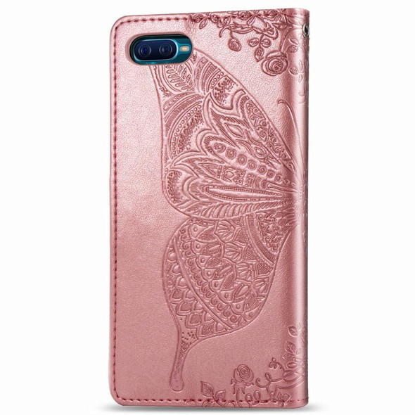 OPPO Reno A Butterfly Love Flower Embossed Horizontal Flip Leather Case with Bracket Lanyard Card Slot Wallet(Rose Gold)