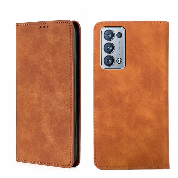 OPPO Reno6 Pro+ 5G Skin Feel Magnetic Horizontal Flip Leather Phone Case(Light Brown)