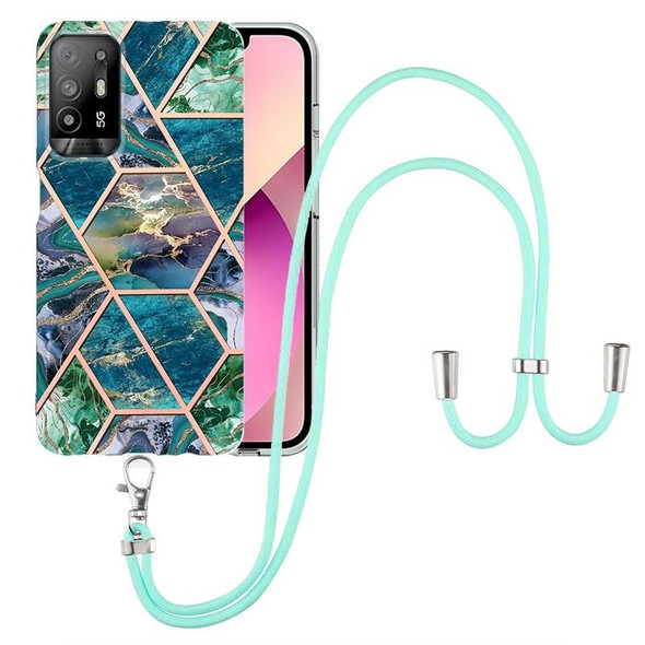 OPPO A94 5G / A95 5G Electroplating Splicing Marble TPU Phone Case with Lanyard(Blue Green)
