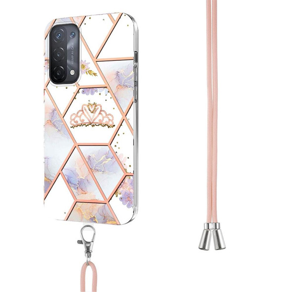 OPPO A74 5G / A93 5G / A54 5G / A93s 5G Splicing Marble Flower Pattern TPU Phone Case with Lanyard(Imperial Crown)