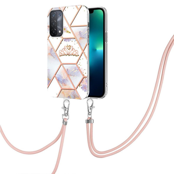 OPPO A74 5G / A93 5G / A54 5G / A93s 5G Splicing Marble Flower Pattern TPU Phone Case with Lanyard(Imperial Crown)