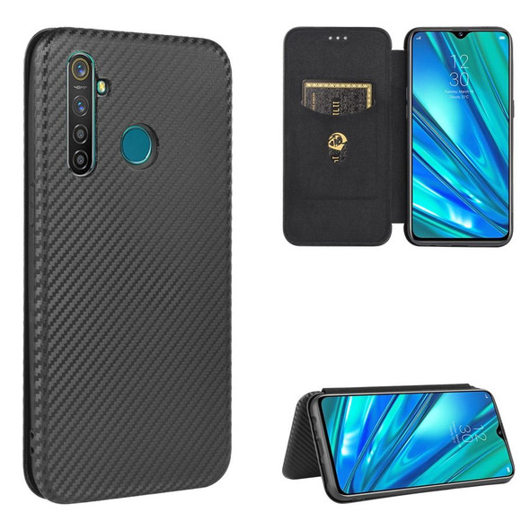 OPPO Realme 5 / Realme 5s Carbon Fiber Texture Magnetic Horizontal Flip TPU + PC + PU Leather Case with Card Slot(Black)