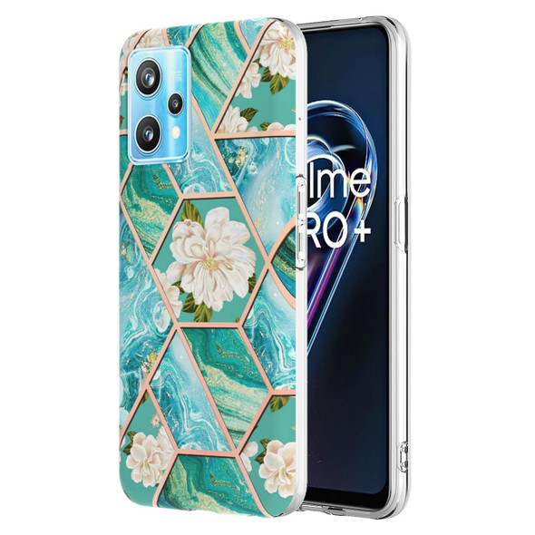OPPO Realme 9 Pro 5G Electroplating Splicing Marble Flower Pattern TPU Shockproof Phone Case(Blue Flower)