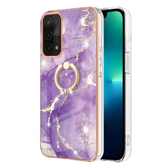 OPPO A74 5G / A93 5G / A54 5G / A93s 5G Electroplating Marble Pattern IMD TPU Phone Case with Ring Holder(Purple 002)