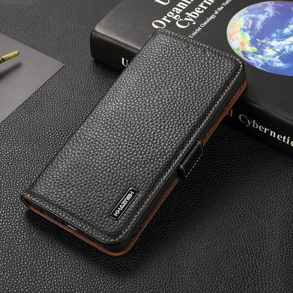 OPPO Reno6 5G KHAZNEH Side-Magnetic Litchi Genuine Leather RFID Case(Black)