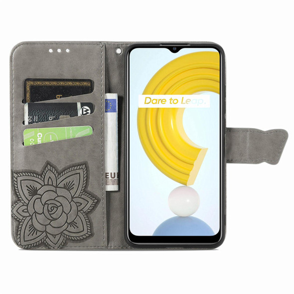 OPPO Realme C21Y Butterfly Love Flowers Embossed Horizontal Flip Leather Case with Holder & Card Slots & Wallet & Lanyard(Grey)