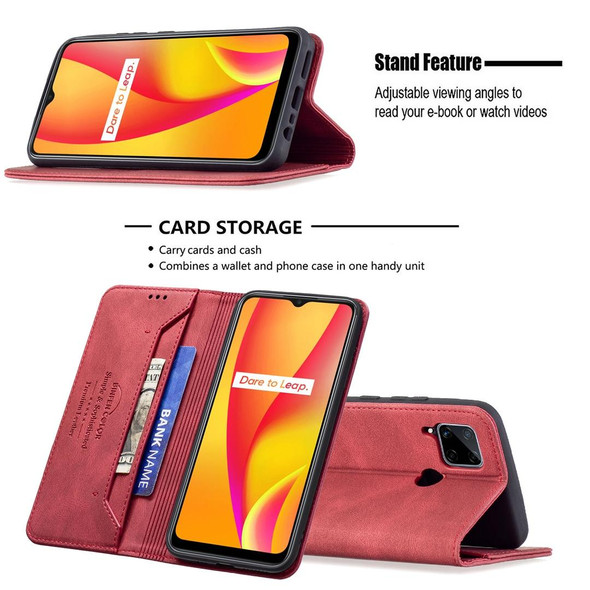 OPPO Realme C15 / C12 / C25 Magnetic RFID Blocking Anti-Theft Leather Case with Holder & Card Slots & Wallet(Red)