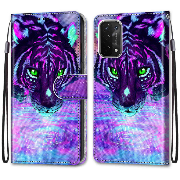 OPPO A54 5G / A74 5G / A93 5G / A93s 5G Coloured Drawing Cross Texture Horizontal Flip PU Leather Case with Holder & Card Slots & Wallet & Lanyard(Tiger Drinking Water)