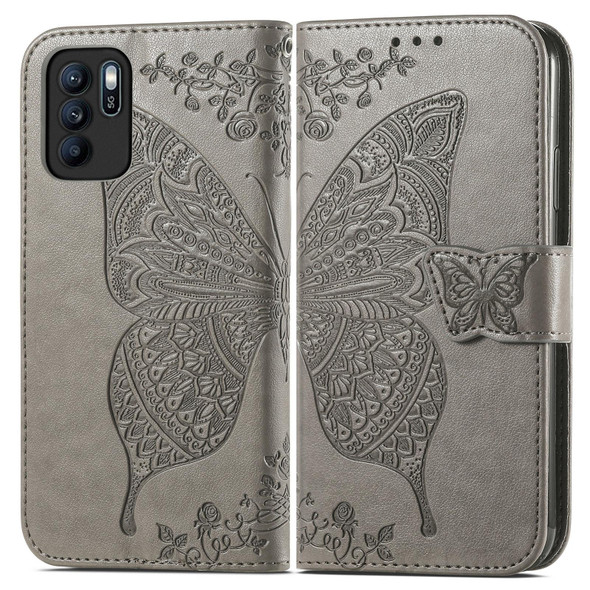 Butterfly Love Flowers Embossed Horizontal Flip Leatherette Case with Holder & Card Slots & Wallet & Lanyard - OPPO Reno 6Z(Gray)