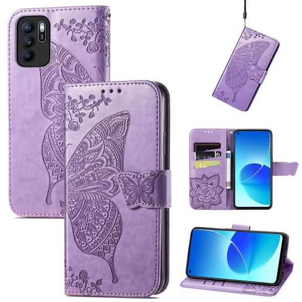 Butterfly Love Flowers Embossed Horizontal Flip Leatherette Case with Holder & Card Slots & Wallet & Lanyard - OPPO Reno 6Z(Light Purple)