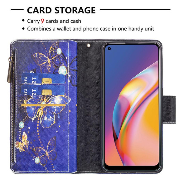 OPPO A94/Reno5 F/F19 Pro Colored Drawing Pattern Zipper Horizontal Flip Leather Case with Holder & Card Slots & Wallet(Purple Butterfly)