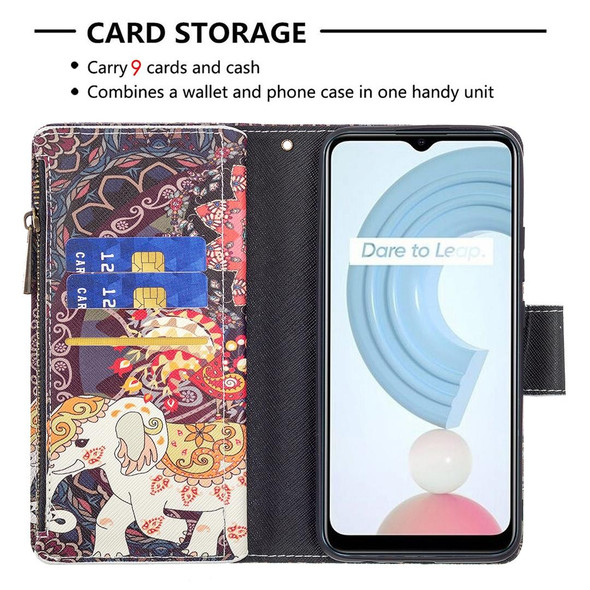 OPPO Realme C21/C20 Colored Drawing Pattern Zipper Horizontal Flip Leather Case with Holder & Card Slots & Wallet(Flower Elephants)