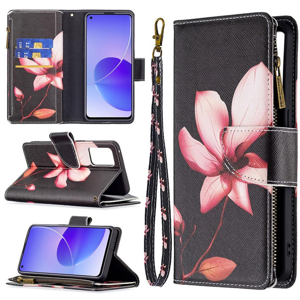 OPPO Reno6 5G Colored Drawing Pattern Zipper Horizontal Flip Leather Case with Holder & Card Slots & Wallet(Lotus)