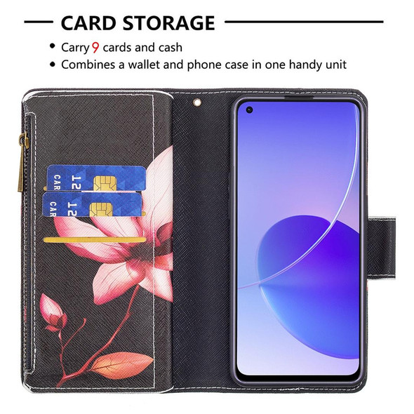 OPPO Reno6 5G Colored Drawing Pattern Zipper Horizontal Flip Leather Case with Holder & Card Slots & Wallet(Lotus)