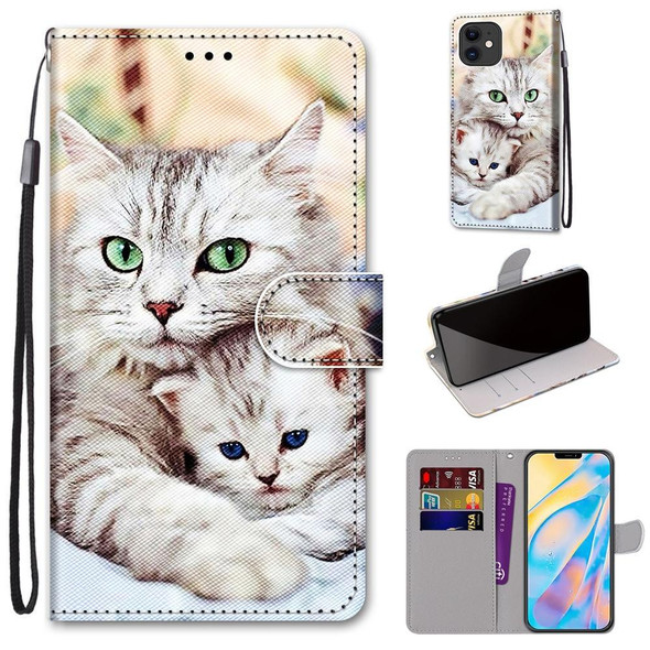 Coloured Drawing Cross Texture Horizontal Flip PU Leatherette Case with Holder & Card Slots & Wallet & Lanyard - iPhone 13 mini(Big Cat Holding Kitten)