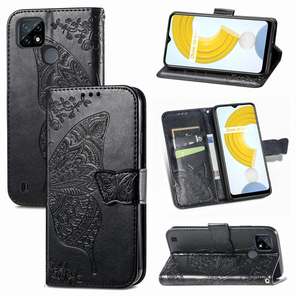 OPPO Realme C21Y Butterfly Love Flowers Embossed Horizontal Flip Leather Case with Holder & Card Slots & Wallet & Lanyard(Black)
