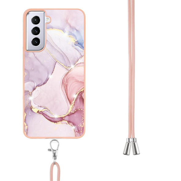 Samsung Galaxy S21 5G Electroplating Marble Pattern IMD TPU Shockproof Case with Neck Lanyard(Rose Gold 005)