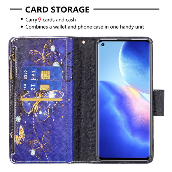 OPPO Reno5 Pro 5G Colored Drawing Pattern Zipper Horizontal Flip Leather Case with Holder & Card Slots & Wallet(Purple Butterfly)