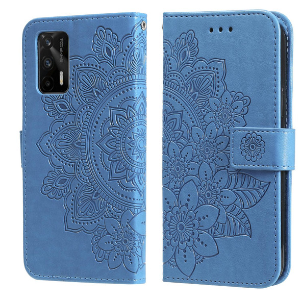 OPPO Realme GT 5G 7-petal Flowers Embossing Pattern Horizontal Flip PU Leather Case with Holder & Card Slots & Wallet & Photo Frame(Blue)