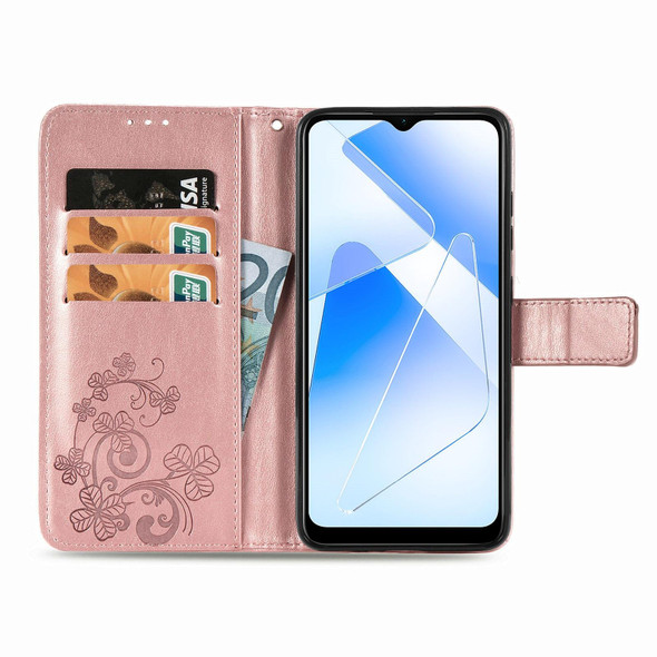 OPPO A55 5G Four-leaf Clasp Embossed Buckle Mobile Phone Protection Leather Case with Lanyard & Card Slot & Wallet & Bracket Function(Rose Gold)