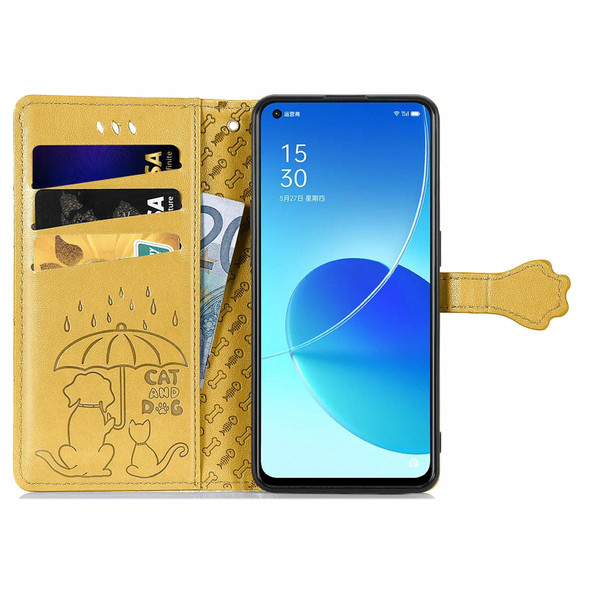 OPPO Reno6 5G Cute Cat and Dog Embossed Horizontal Flip Leather Case with Holder & Card Slots & Wallet & Lanyard(Yellow)