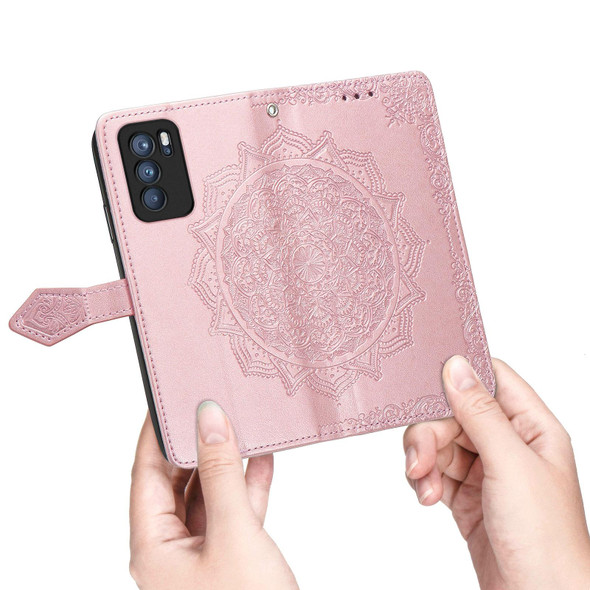 OPPO Reno6 Pro 5G Mandala Flower Embossed Horizontal Flip Leather Case with Holder & Three Card Slots & Wallet & Lanyard(Rose Gold)