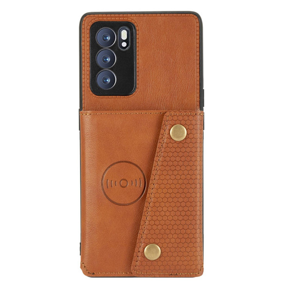 OPPO Reno6 Pro 5G Double Buckle PU + TPU Shockproof Magnetic Protective Case with Card Slot & Holder(Light Brown)