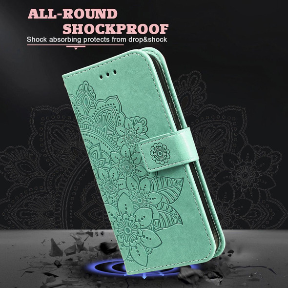 OPPO Reno 6 Pro+ 5G 7-petal Flowers Embossing Pattern Horizontal Flip PU Leather Case with Holder & Card Slots & Wallet & Photo Frame(Green)