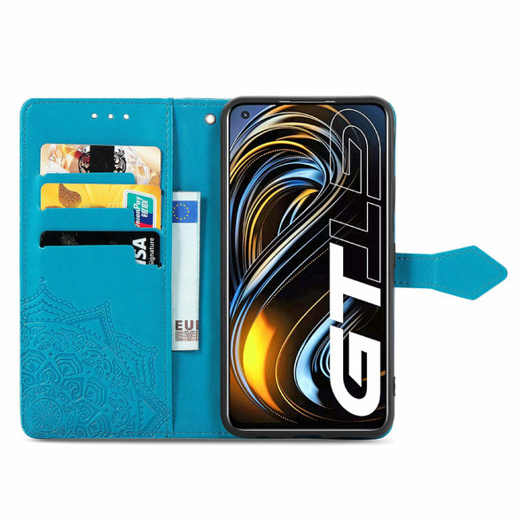 OPPO Realme GT 5G / Realme Q3 Pro 5G Mandala Flower Embossed Horizontal Flip Leather Case with Holder & Three Card Slots & Wallet & Lanyard(Blue)