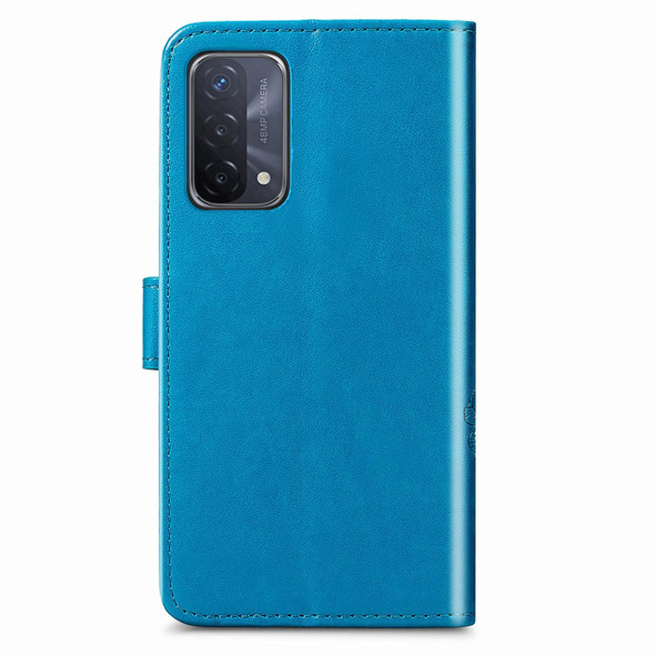 OPPO A54 5G Four-leaf Clasp Embossed Buckle Mobile Phone Protection Leather Case with Lanyard & Card Slot & Wallet & Bracket Function(Blue)