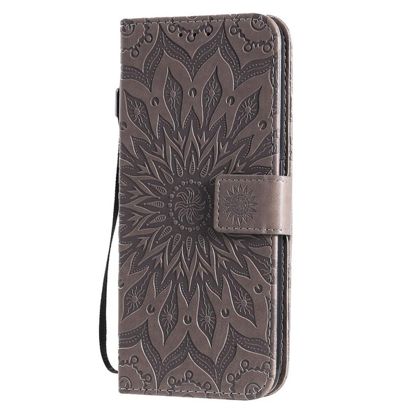 OPPO A9 2020 / A5 2020 Pressed Printing Sunflower Pattern Horizontal Flip PU Leather Case with Holder & Card Slots & Wallet & Lanyard(Gray)